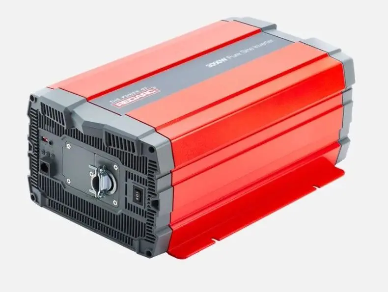 A red and black power inverter is on display.