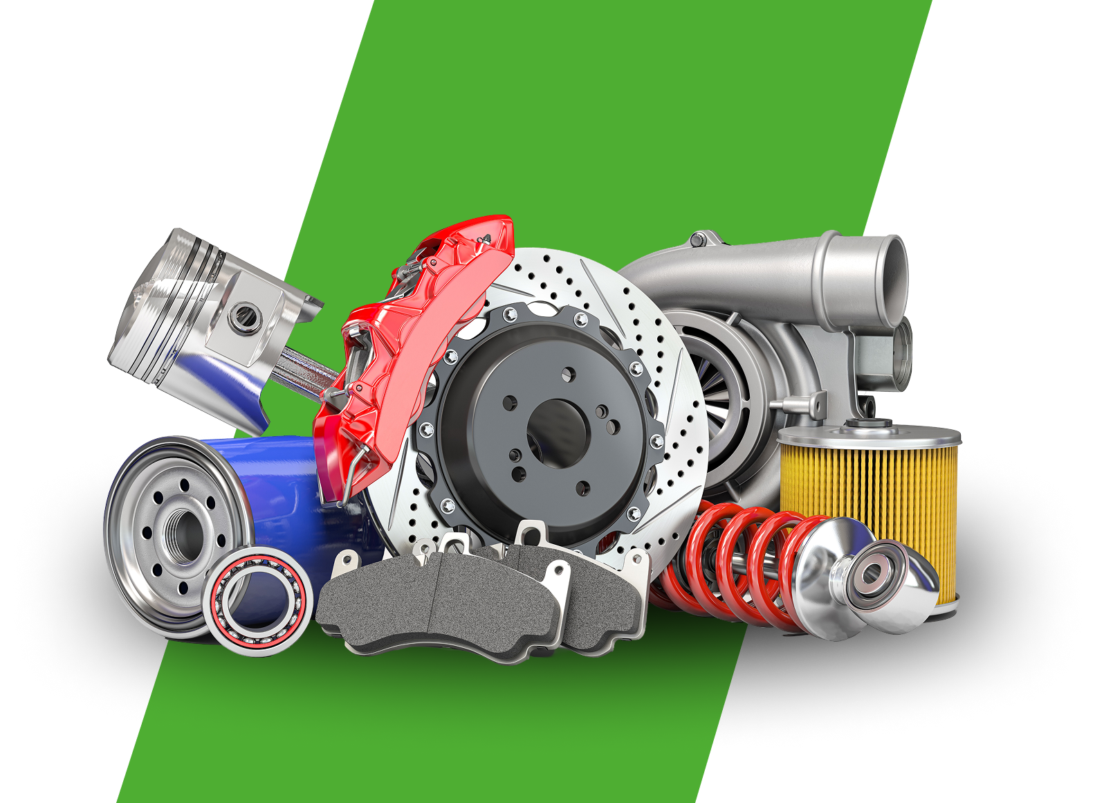 Group 50 A green background with various parts of a car.